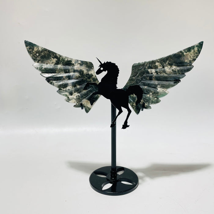 9 Pairs Moss Agate Small Pegasus Wing Carving With Stand