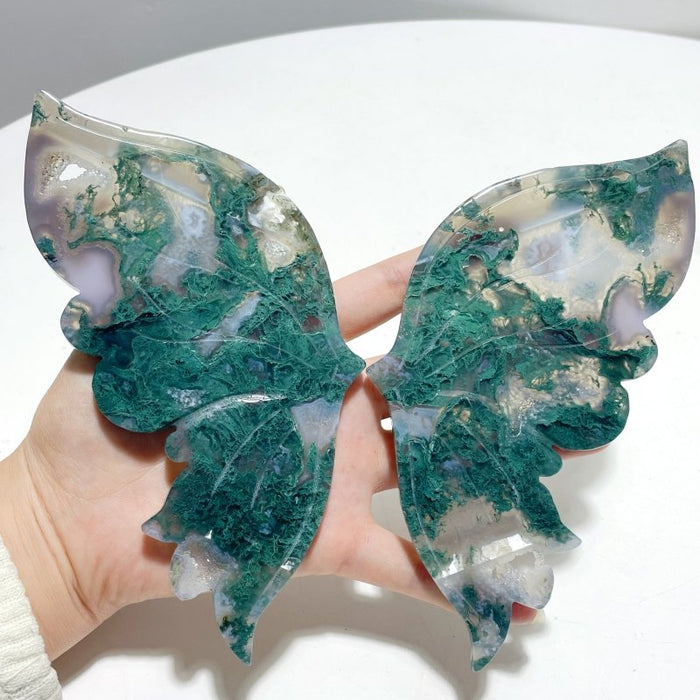 Beautiful Moss Agate Butterfly Wing With Stand