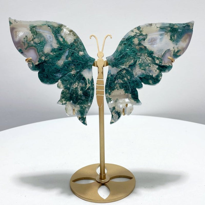 Beautiful Moss Agate Butterfly Wing With Stand