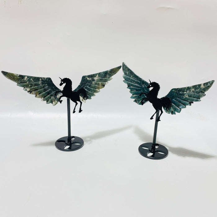 9 Pairs Moss Agate Small Pegasus Wing Carving With Stand