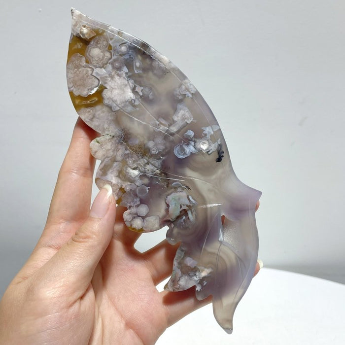 Black Sakura Flower Agate Butterfly Wing Carving With Stand