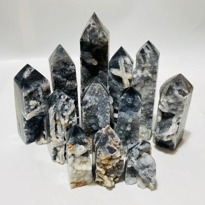 Black Sphalerite Geode Quartz Four-Sided Tower Points Wholesale