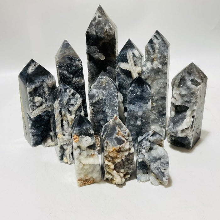Black Sphalerite Geode Quartz Four-Sided Tower Points Wholesale