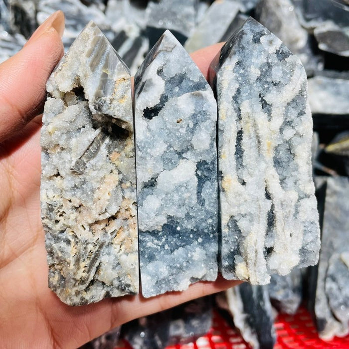 Black Sphalerite Geode Quartz Four-Sided Tower Points Wholesale