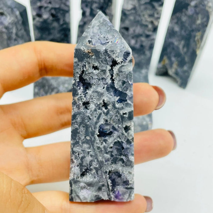 Black Sphalerite Geode Quartz Mixed Purple Fluorite Four-Sided Tower Point Wholesale
