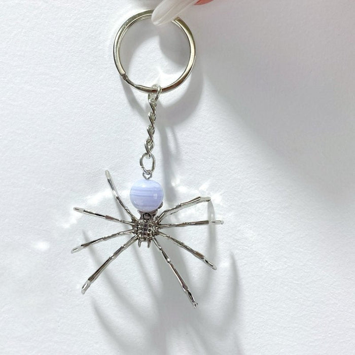 Blue Lace Agate Sphere Spider Ornament Handmade Alloy Keychain Wholesale