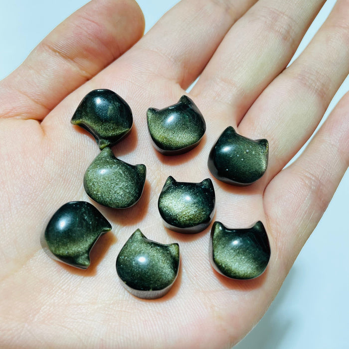 Mini Gold&Silver Sheen Obsidian Cat Head Shape Carving Wholesale