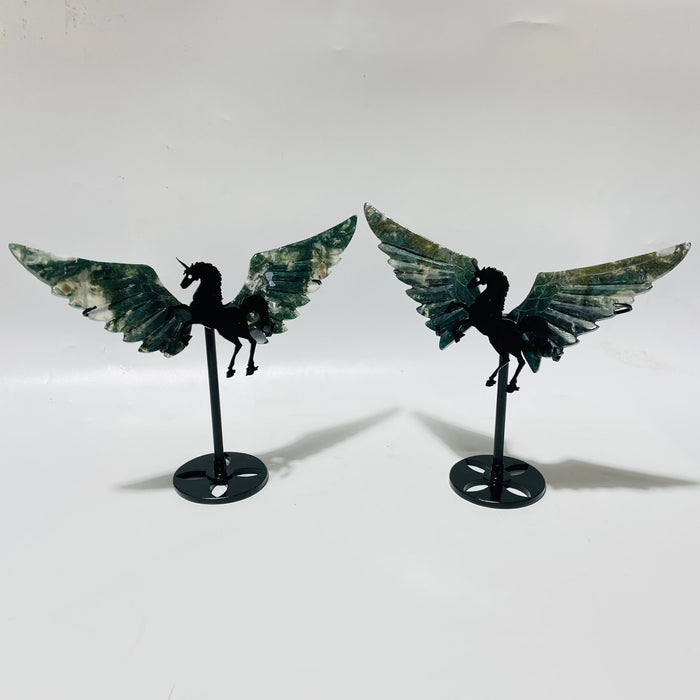 9 Pairs Moss Agate Small Pegasus Wing Carving With Stand