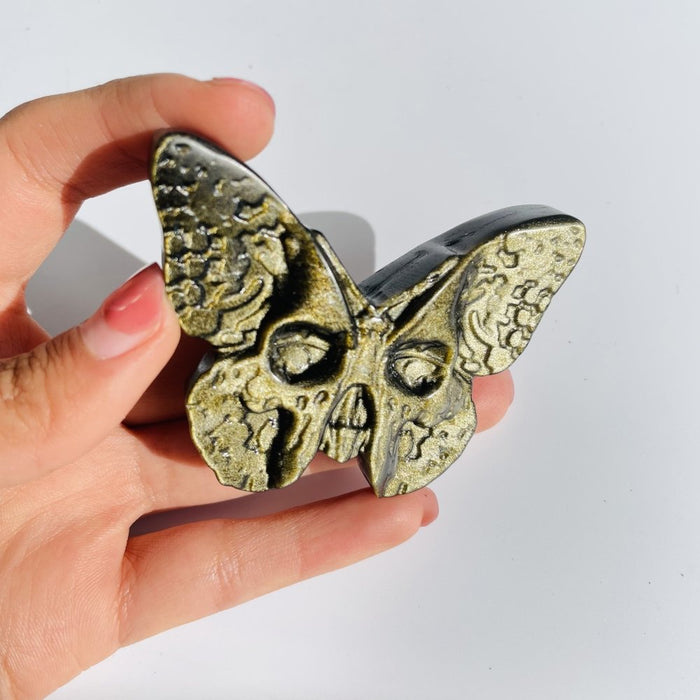 Gold Sheen Obsidian Butterfly Skull Carving Wholesale