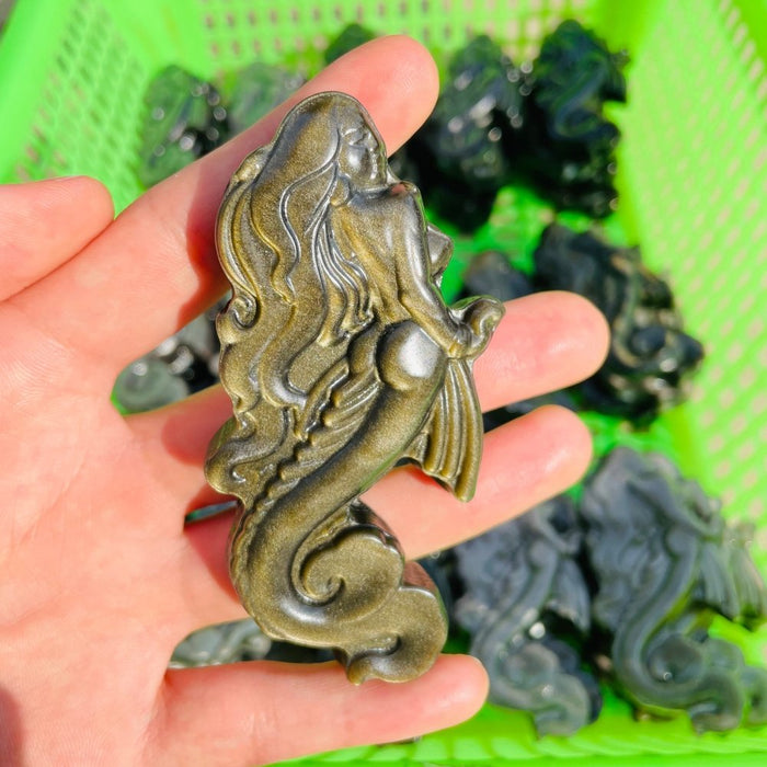 Gold&Silver Sheen Obsidian Mermaid Carving Wholesale