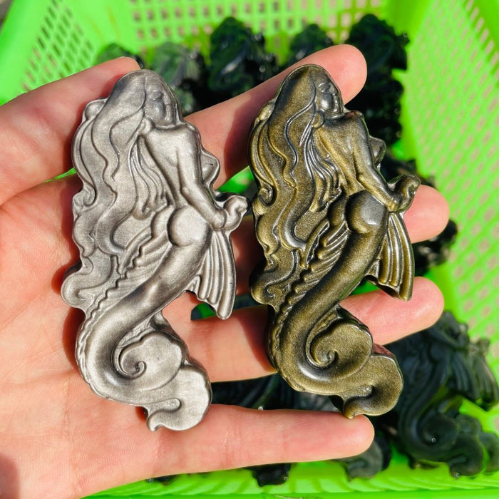 Gold&Silver Sheen Obsidian Mermaid Carving Wholesale