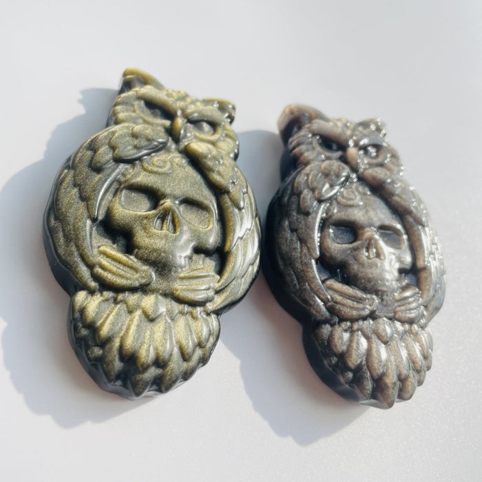 Gold&Silver Sheen Obsidian Owl Skull Carving Wholesale