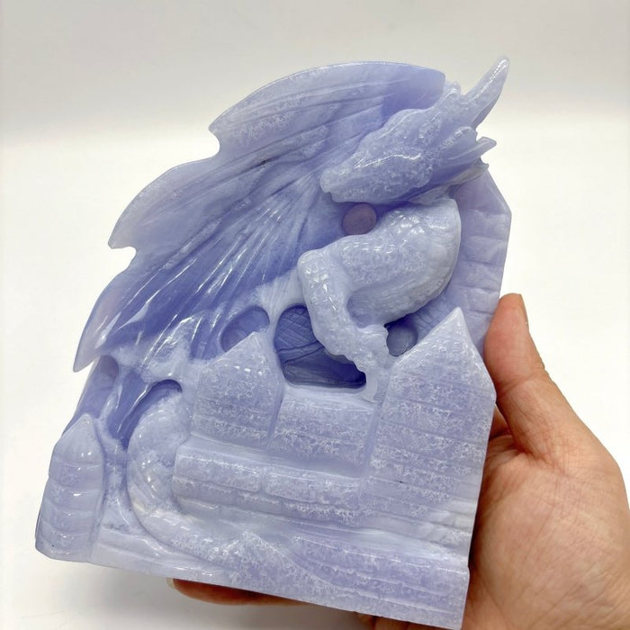 High Quality Blue Lace Agate Dragon Castle Carving