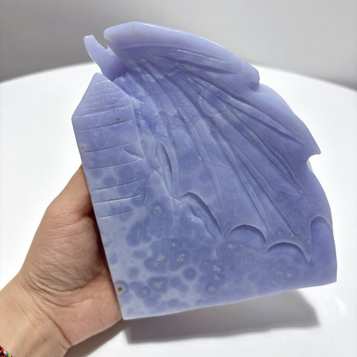 High Quality Blue Lace Agate Dragon Castle Carving