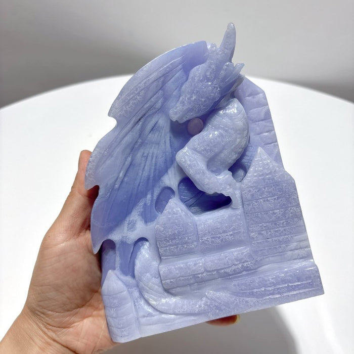 High Quality Blue Lace Agate Dragon Castle Carving