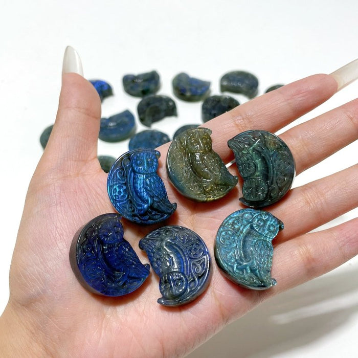 High Quality Labradorite Moon Owl Carving Wholesale