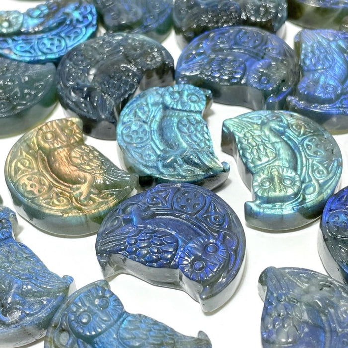 High Quality Labradorite Moon Owl Carving Wholesale