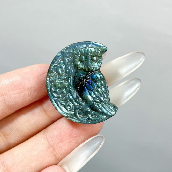 High Quality Labradorite Moon Owl Carving Wholesale