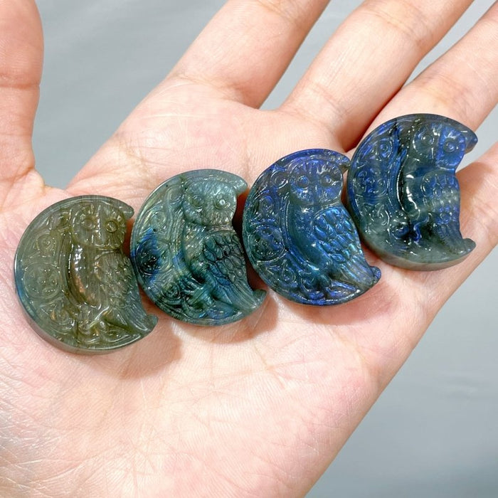 High Quality Labradorite Moon Owl Carving Wholesale