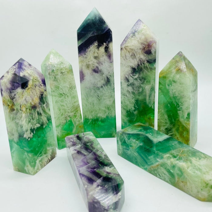 High Quality Large Feather Fluorite Four-Sided Tower Point Wholesale