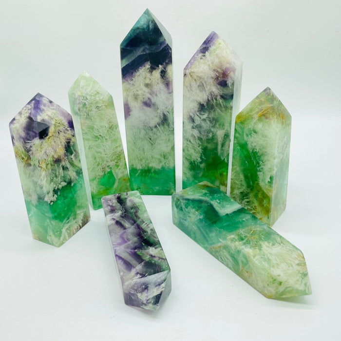 High Quality Large Feather Fluorite Four-Sided Tower Point Wholesale