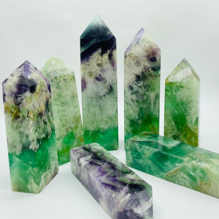 High Quality Large Feather Fluorite Four-Sided Tower Point Wholesale