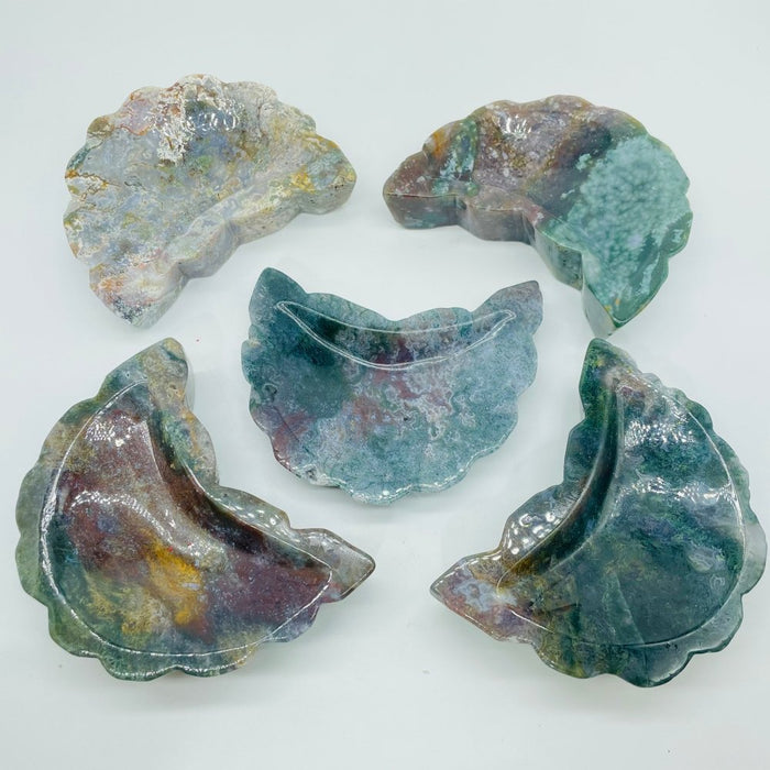 High Quality Moss Agate Moon Shallow Bowl Carving Wholesale