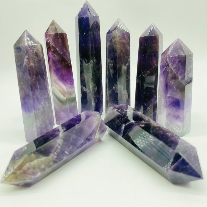 High Quality Transparent Deep Purple Chevron Amethyst Point Tower Wholesale