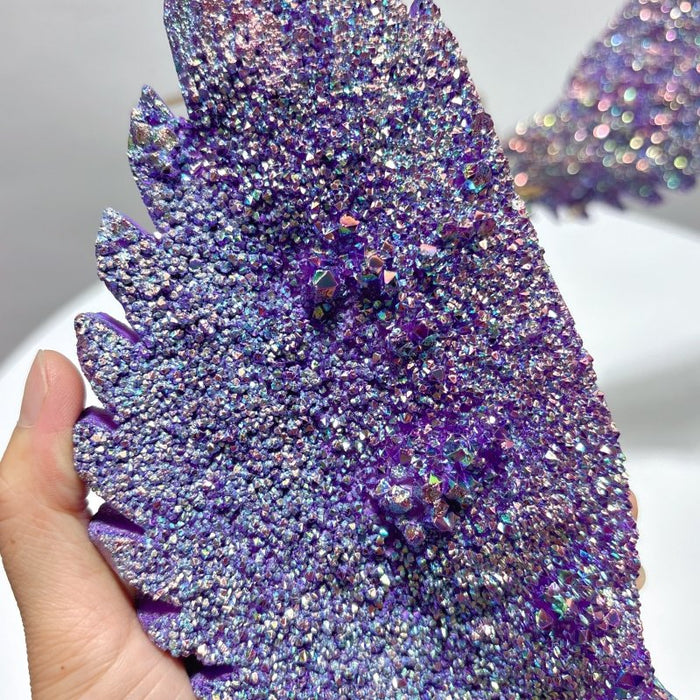 Large Aura Quartz Cluster Angel Wing Carving With Stand