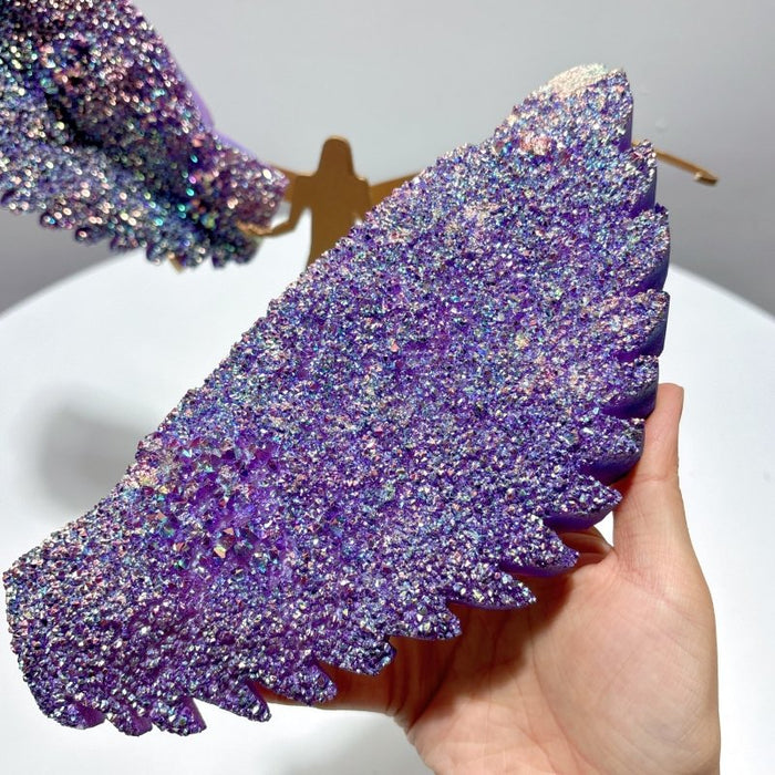 Large Aura Quartz Cluster Angel Wing Carving With Stand