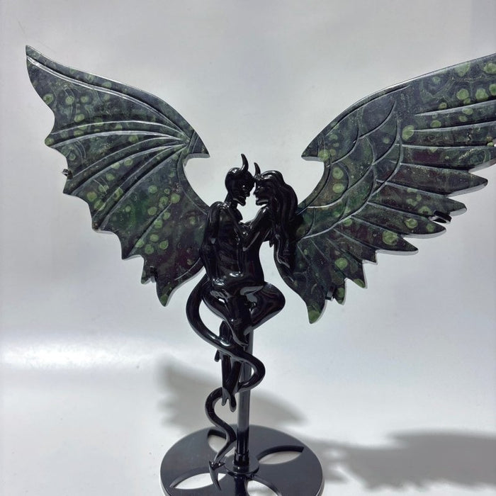 Large Kambaba Demon And Angel Wing Carving With Stand