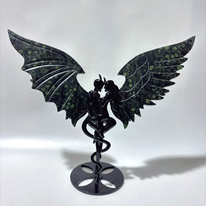 Large Kambaba Demon And Angel Wing Carving With Stand