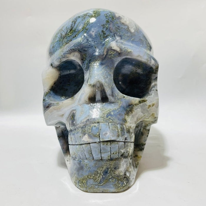 Large Geode Druzy Moss Agate Skull Carving