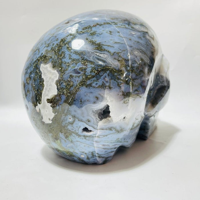 Large Geode Druzy Moss Agate Skull Carving