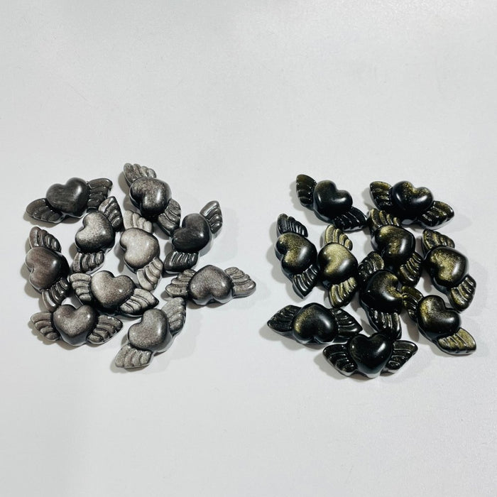 Mini Gold & Silver Sheen Obsidian Heart Wing Carving Wholesale