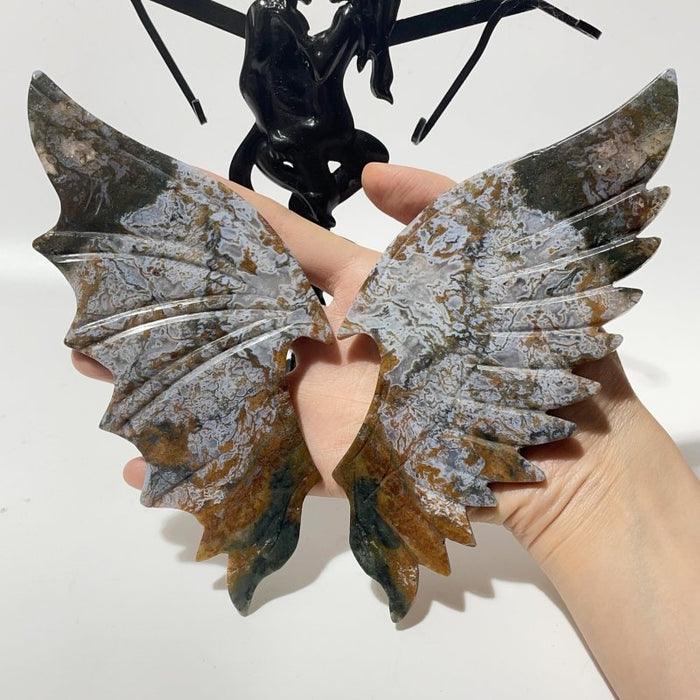 Colorful Moss Agate Demon and Angel Wing Carving With Stand