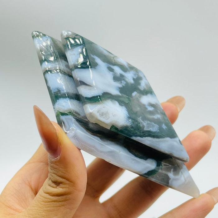 Moss Agate Double Rhombus Shaped Carving Wholesale