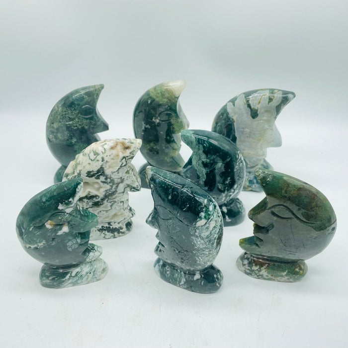 Moss Agate Moon Face Carving Wholesale