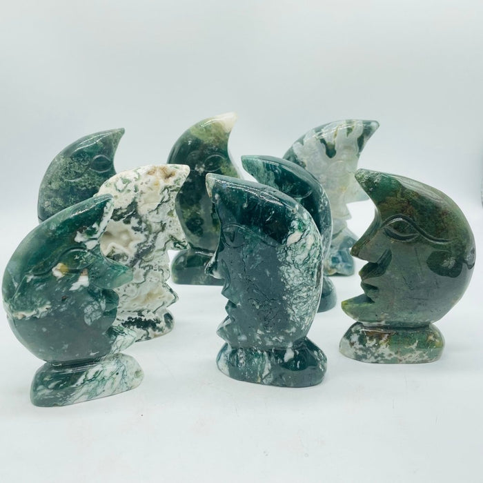 Moss Agate Moon Face Carving Wholesale