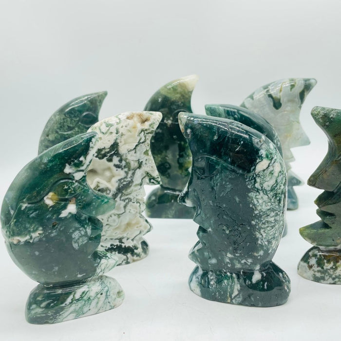 Moss Agate Moon Face Carving Wholesale