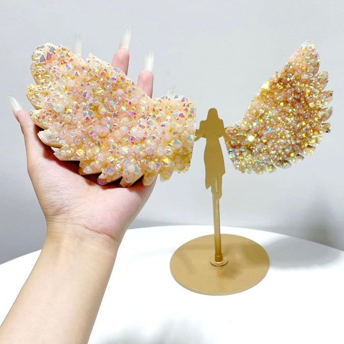 Orange Aura Quartz Cluster Angel Wing Carving With Stand