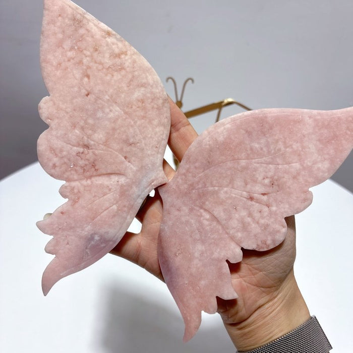 Pink Sakura Agate Butterfly Wing Carving With Stand