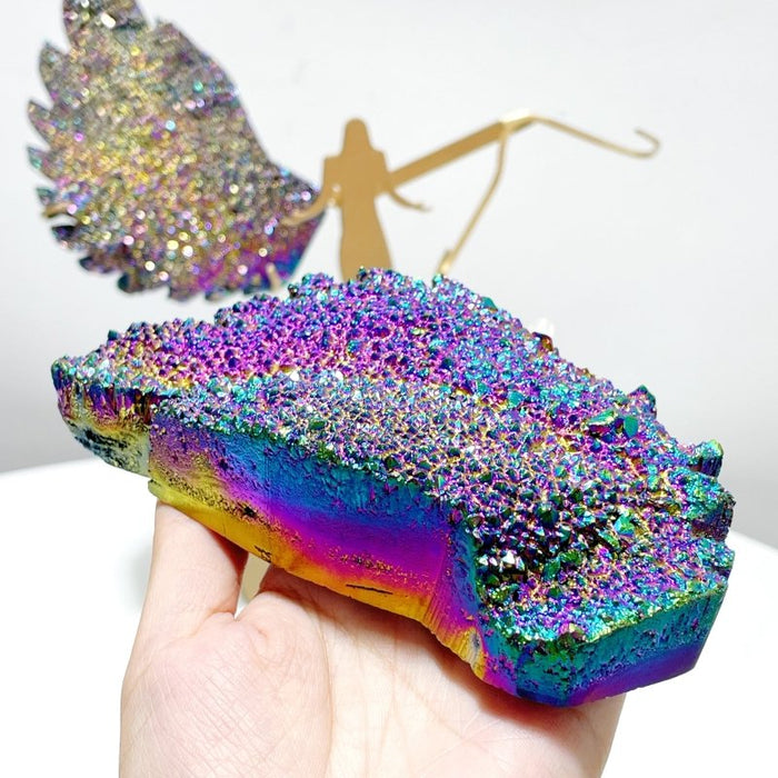 Purple Aura Quartz Cluster Angel Wing Carving With Stand