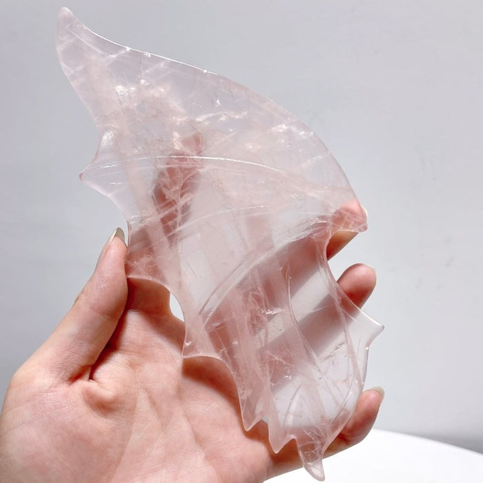 Rose Quartz Demon And Angel Wing Carving With Stand