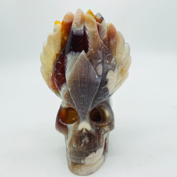 Sakura Flower Agate Maya Feather Skull Carving