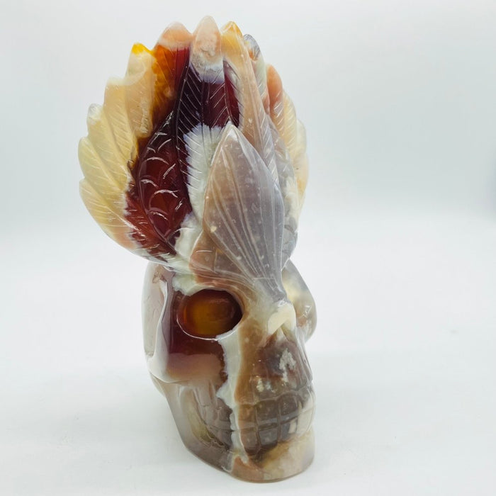 Sakura Flower Agate Maya Feather Skull Carving