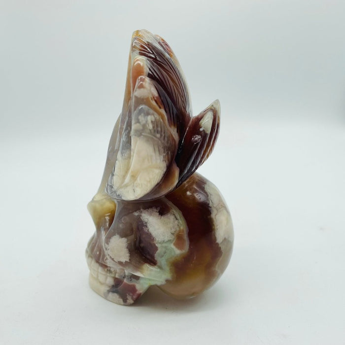 Sakura Flower Agate Maya Feather Skull Carving