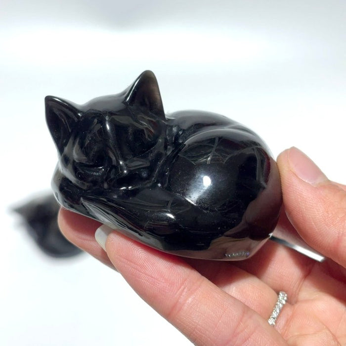 Silver Sheen Obsidian Sleeping Cat Carving Wholesale
