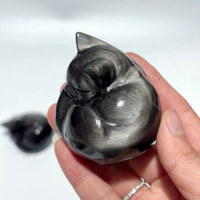 Silver Sheen Obsidian Sleeping Cat Carving Wholesale