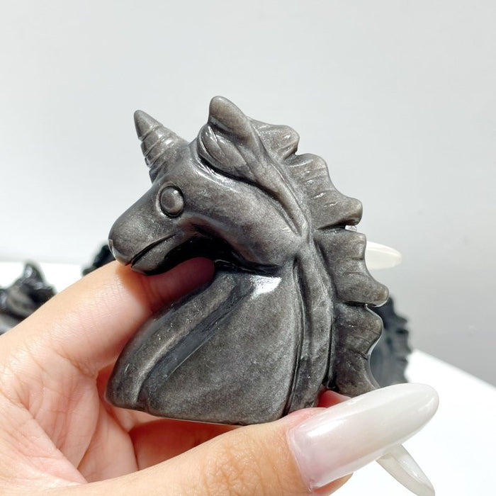 Silver Sheen Obsidian Unicorn Carving Wholesale